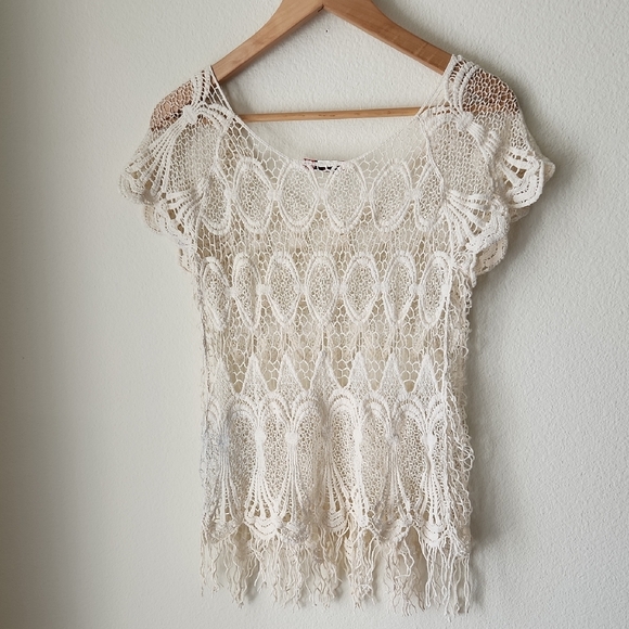 Vivid Collection Elegant Lace Crochet Short Sleeve Blouse in Cream Sz M Cottage - Picture 6 of 15